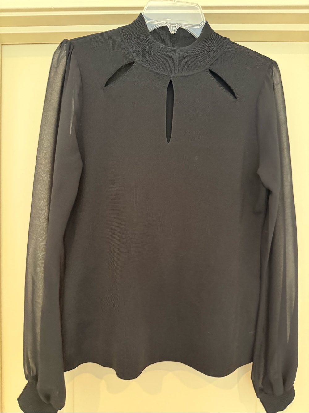 Black Keyhole Mock Neck sweater sheer Blouse sleeves- Women's Top